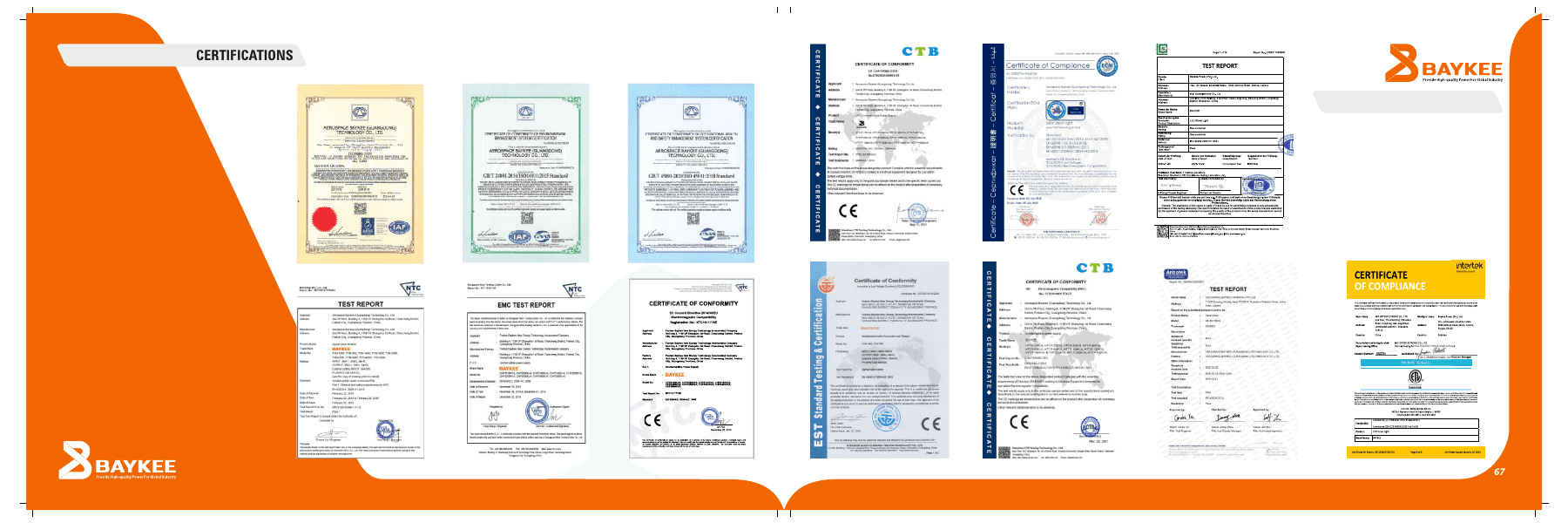 Certificate and test document spread from the 2025 Baykee Pakistan company profile