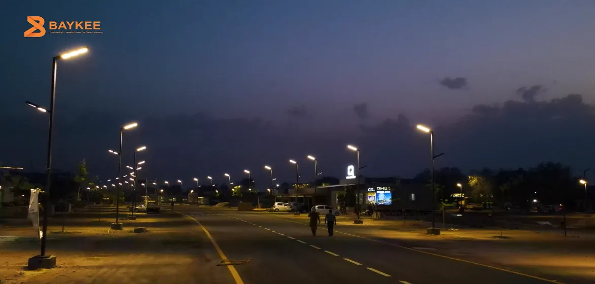 Baykee street lights illuminating a road at night